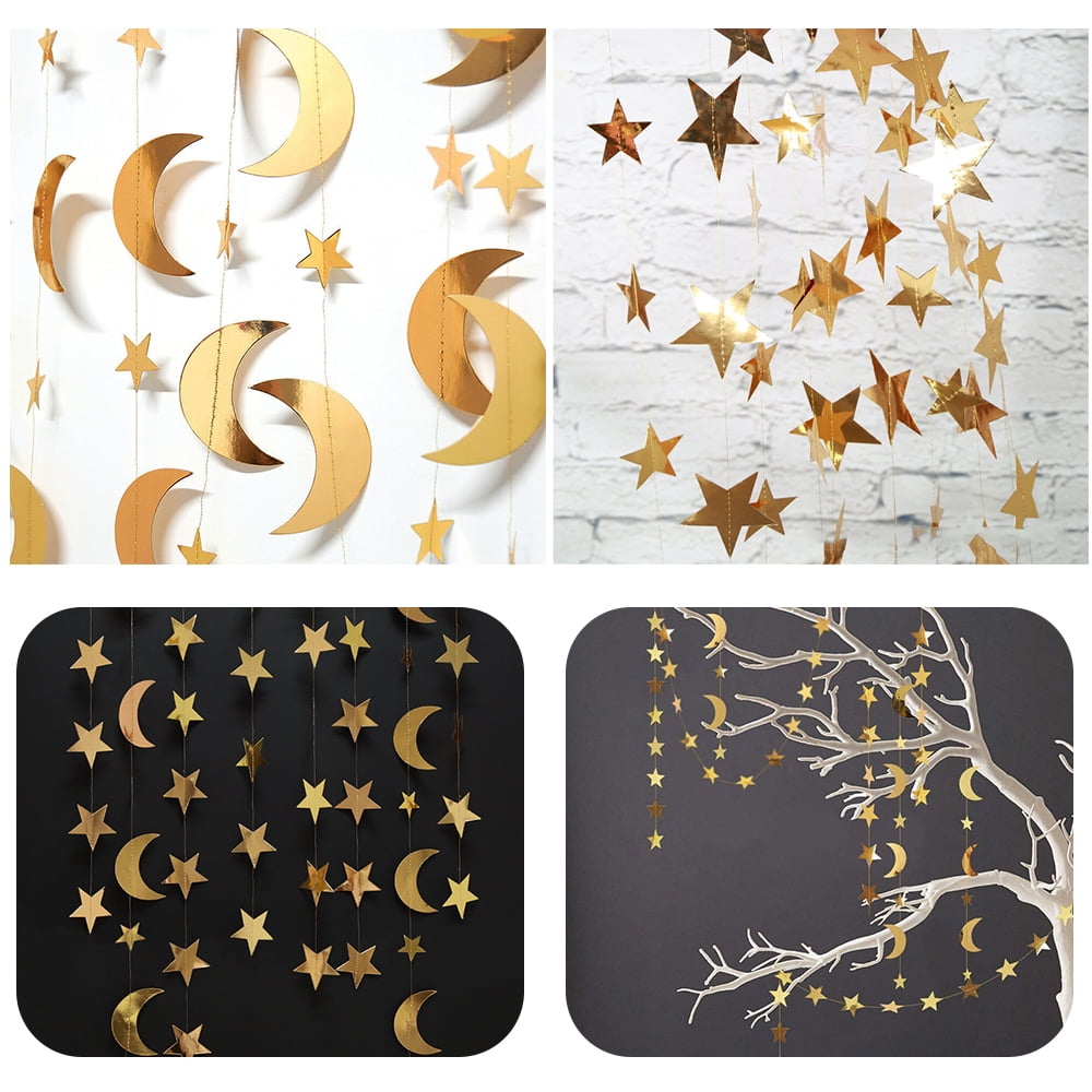 VONTER Gold Star Moon Garland Hanging Garands Streamers Banner Backdrop for Twinkle Little Star Party Decoration First Birthday/Baby Shower/Wedding//Kids Room/Nursery/Ramadan EID/Graduation Decor