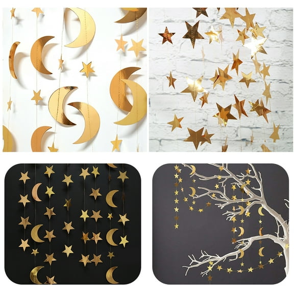 VONTER Gold Star Moon Garland Hanging Garands Streamers Banner Backdrop for Twinkle Little Star Party Decoration First Birthday/Baby Shower/Wedding//Kids Room/Nursery/Ramadan EID/Graduation Decor