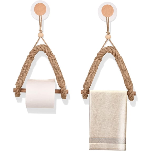 VONTER Home Toilet Roll Holder Creative Wood Roll Holder Country House Toilet Paper Holder Toilet Bathroom Retro Wall Mount Rope - wood stick