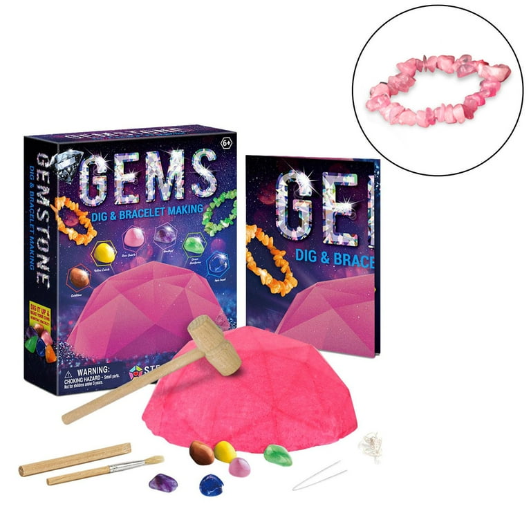 Vonter Kids Gemstone Dig Kit, Dig Up Gems to Make Bracelet, Stem Science Educational Toys, Great Science Gift for Kids, Pink Gems,Classy Natural