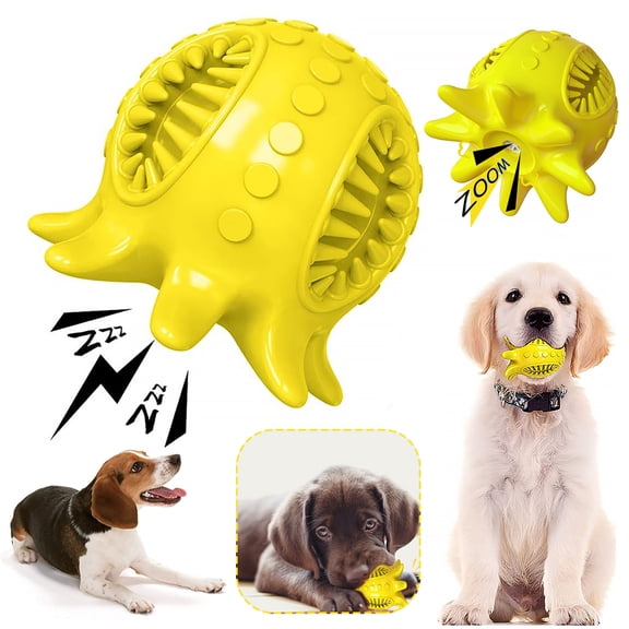 VONTER Octopus Shape Rubber Ball Dog Toy, Fun Interactive Tooth Squeaky Chew Toy Balls, Dispensing IQ Training Game for Teething, Aggressive Chewers, Small and Medium Dog Breeds (Yellow)