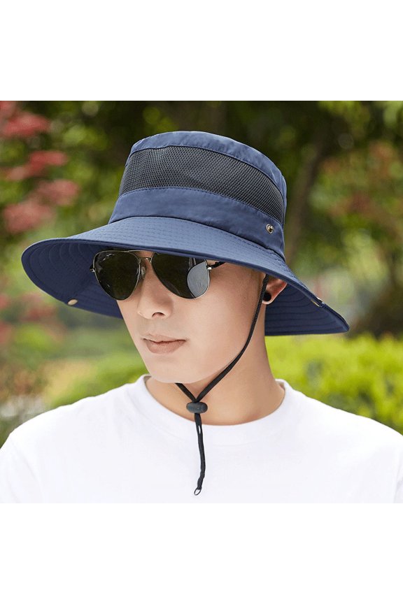 Outdoor Boonie Sun Protection Hat,Mesh Bucket Hat Wide Brim Cap,Outdoor UPF 50+ Waterproof Boonie Hat,Camping Hiking Fishing Hunting Boating Safari Cap with Adjustable Drawstring - Navy blue