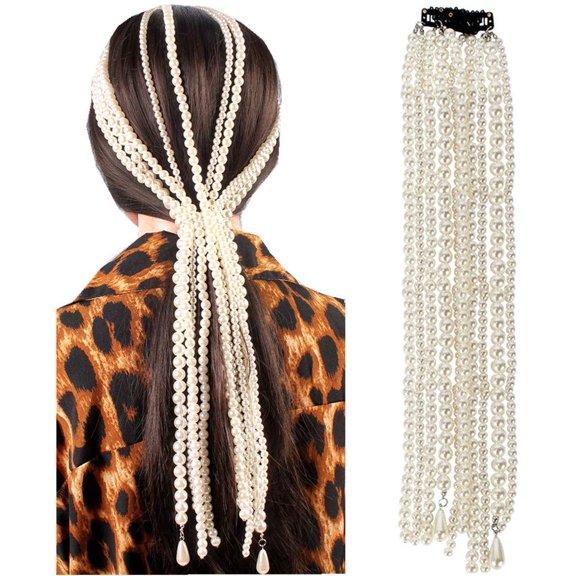 VONTER Pearl Hair Clips White Tassel Multi Strand Extension Hair Chain Elegant Ponytail Headpieces Birthday Prom Festival Party Hair Accessories for Women and Girls (Style B)