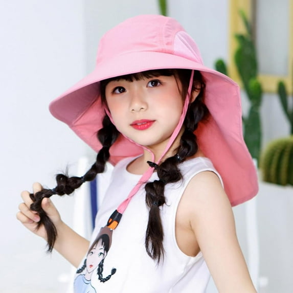 VONTER Sun Hat Boys Girls with Neck Veil Sun Protection Kids Sunhats Wide Brim Gardening Safari Caps -Pink