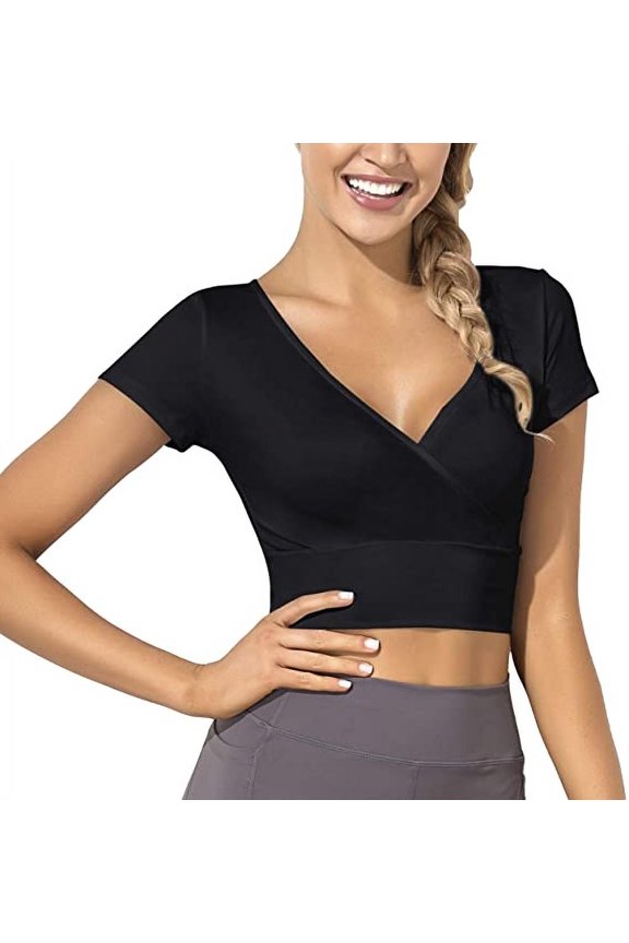 Women's Sexy Deep V Neck Cross Wrap Crop Tops Short Sleeve Tight Basic Workout Tank Tops-XL