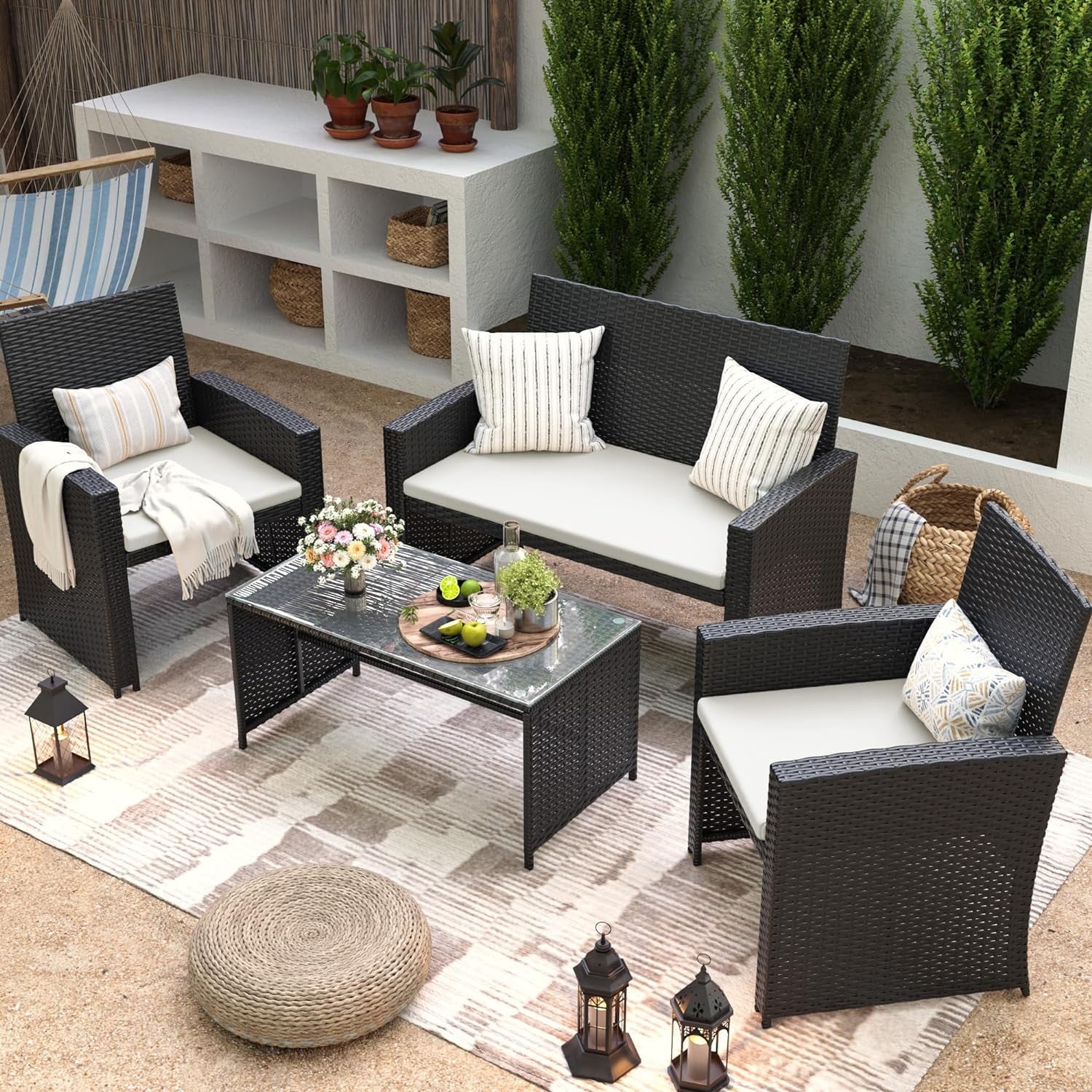 Techmilly Wide Armrest Outdoor Patio Furniture Set,4 Pieces Rattan Sectional Sofa with Tempered Glass Coffee Table and Cushions for Balcony Yard Garden