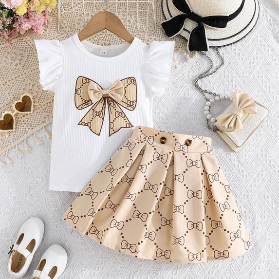 VOONCAS Girls 2-Piece Bow Outfit Set with Ruffle Top & Pleated Skirt | Beige Kids Kid Spring Summer Clothes,Size 5-6T