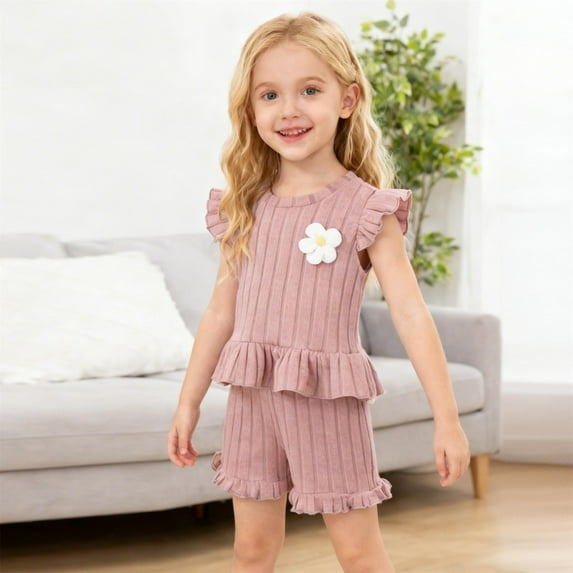 VOONCAS Girls 2 Piece Outfit Set Ribbed Knit Ruffle Top & Shorts Soft Stretchy Casual Play Clothes for Kids Kids 2-3 3-4 4-5 5-6 6-7 Years Pink,Size 6-7 T