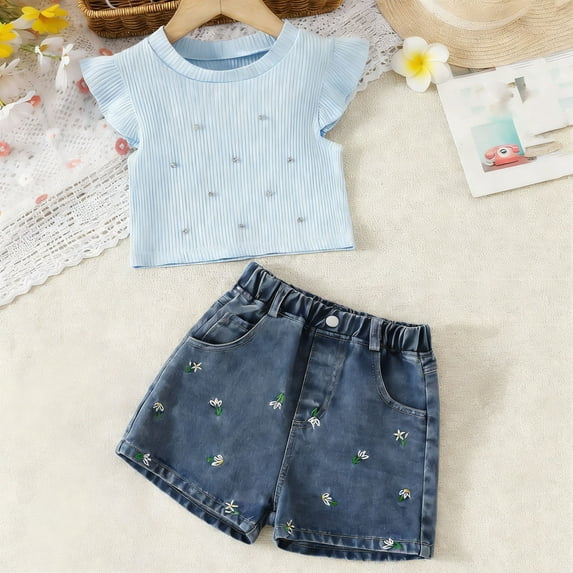 VOONCAS Girls 2 Piece Outfit Set Ruffle Sleeve Top & Floral Embroidered Denim Shorts Blue Kids Summer Play Clothes 2T-6T,Size 3-4T