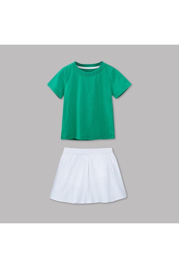 Girls 2-Piece Play Outfit Set, Green Cotton Skort with Built-In Shorts and Short Sleeve Tee, Casual & School Clothes,Size 5 T