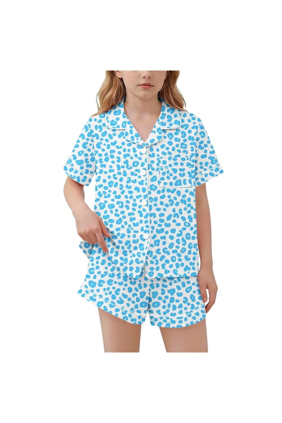 Girls Light Blue Leopard Print Sleepwear Set - Short Sleeve Button Down Pajama Top & Shorts 2 Piece for Kids,Size 11-12T