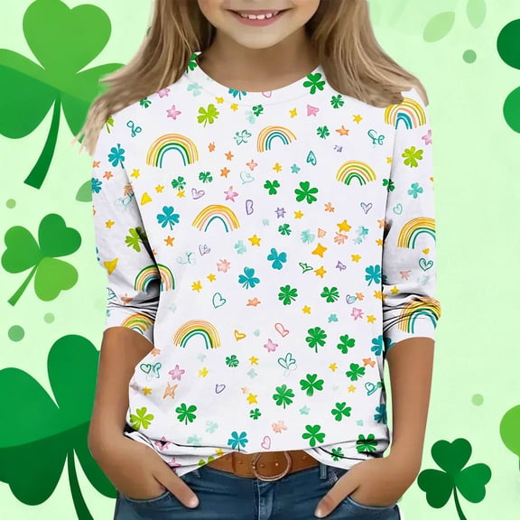 VOONCAS Girls Shirts Print St. Patricks Day 3/4 Sleeve Crew Neck Casual Multicolor Shirts for Girls Size 3-4T