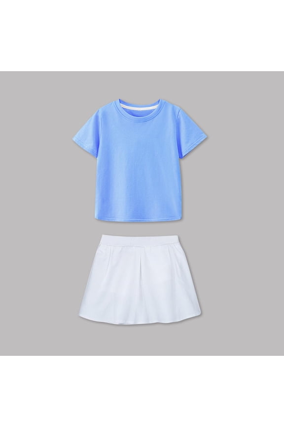 Girls Short Sleeve Tee and Skort Set, Light Blue Cotton 2-Piece Outfit with Pleated Skirt Shorts for Play & School,Size 4 T