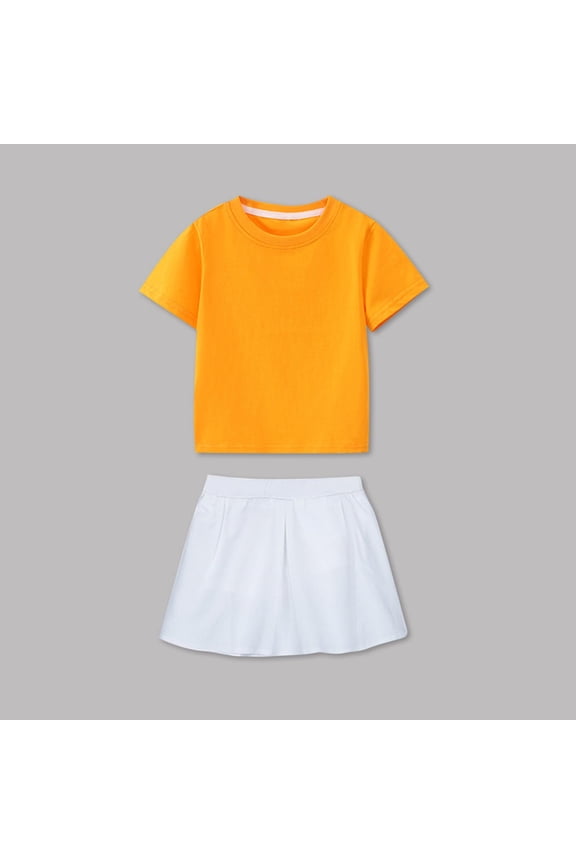 Girls Skort Set with Tee, Orange Cotton 2-Piece Play Outfit, Pleated Skort with Built-in Shorts for Casual & Active Wear,Size 2 T
