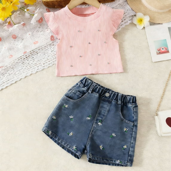 VOONCAS Girls Summer Outfit Set 2 Piece Kids Blue Top & Embroidered Denim Shorts Floral Shorts Kids Play Clothes 2T-6T,Size 3-4T