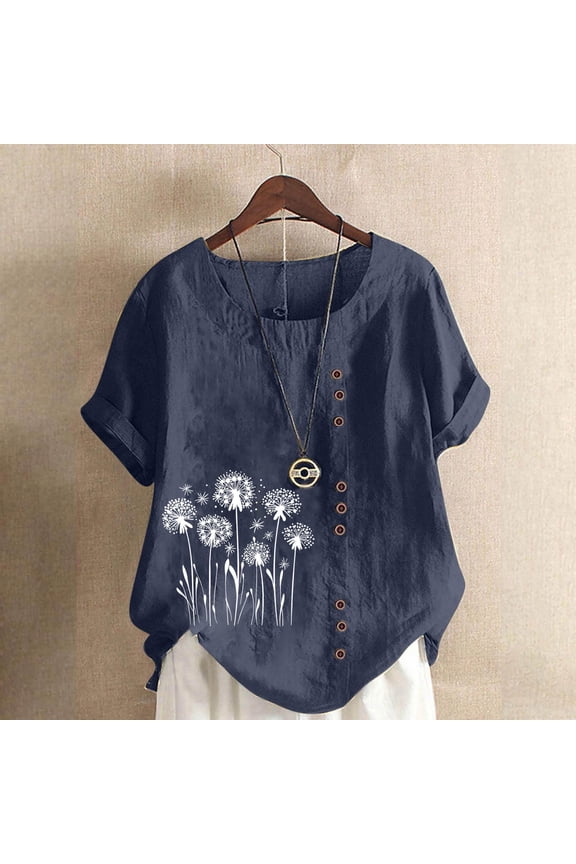 Plus Size Womens Casual Top Short Sleeve Loose Fit Boho Tunic Navy Tee Dandelion Print Asymmetrical Hem Wrinkle Resistant,Size 3XL