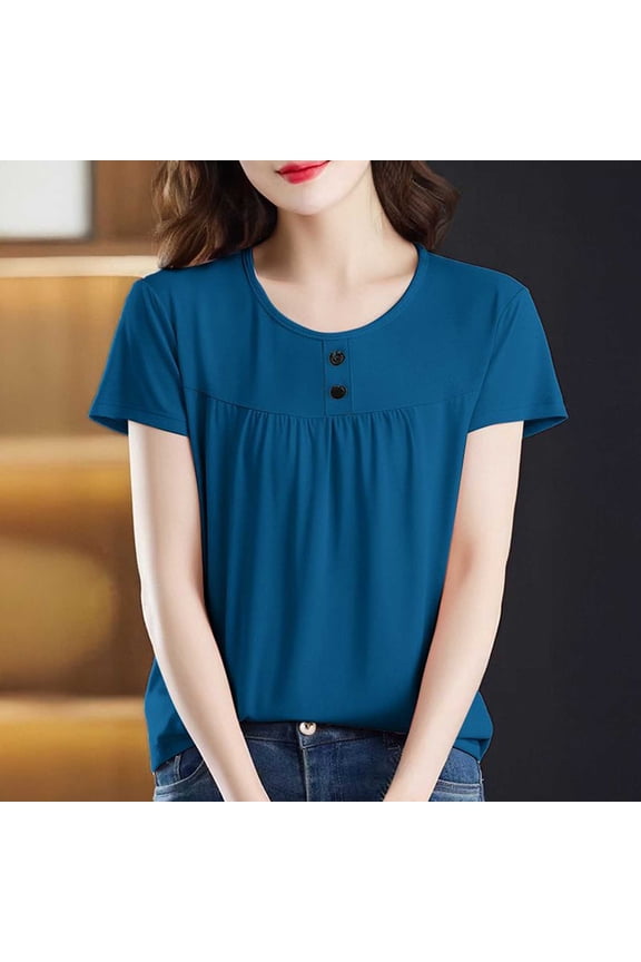 Plus Size Womens Tops Short Sleeve | Flowy Casual Blouse Soft Nylon Spandex | Crew Neck Relaxed Fit Gathered Front Tee Sizes M-5X,Size M