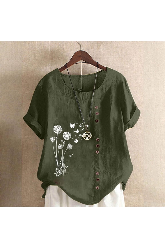 Womens Casual Boho Dandelion Print Short Sleeve Top, Loose Fit Plus Size Button Detail Army Green,Size 2XL