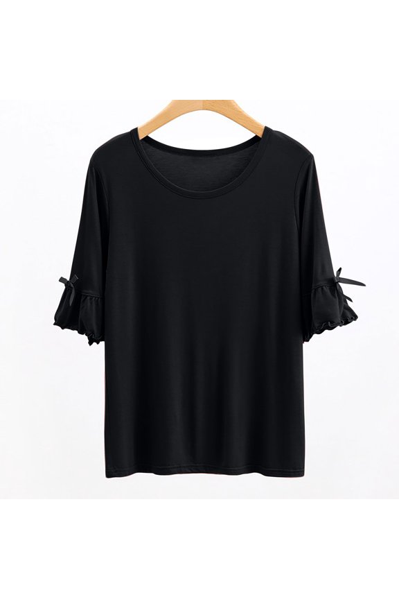 Womens Casual Ruffle Short Sleeve Modal Blend Crewneck T-Shirt Relaxed Fit Top Black Everyday Soft,Size 2XL