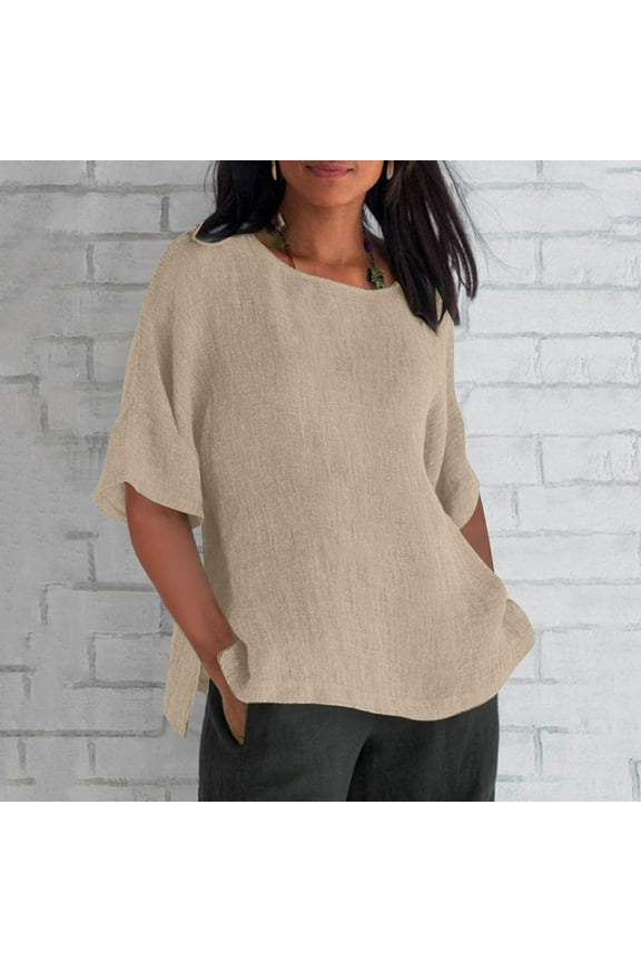 Womens Cotton Linen Dolman Sleeve Blouse Casual Boat Neck Oversized Top with Side Slits S-5XL Khaki,Size 5XL