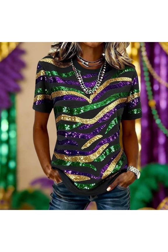 Womens Mardi Gras Sequin Top Black Short Sleeve Crew Neck Party Shirt Zebra Print Sparkly Festival Tee,Size 3XL