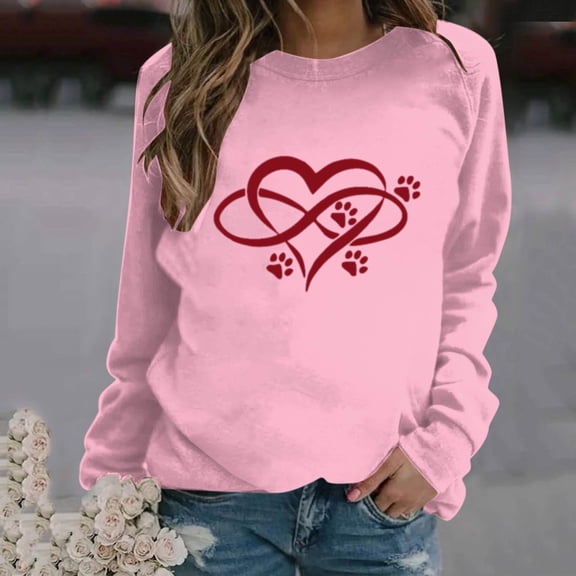 VOONCAS Womens Shirts Casual Spring Fall Ladies Tops Crew Neck Graphic Valentine's Day Pink Long Sleeve Shirts for Women Size S