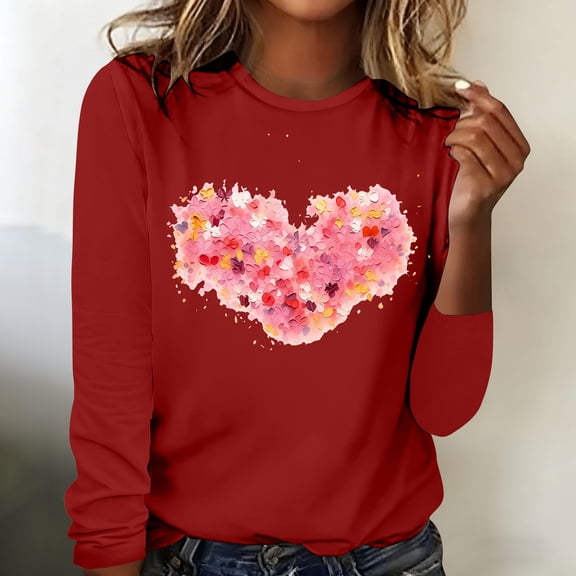 VOONCAS Womens Shirts Crew Neck Spring Fall Ladies Tops Graphic Valentine's Day Casual Red Long Sleeve Shirts for Women Size 2XL
