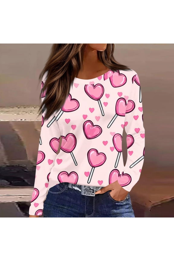 Womens Shirts Graphic Spring Fall Ladies Tops Crew Neck Casual Valentine's Day Pink Long Sleeve Shirts for Women Size L
