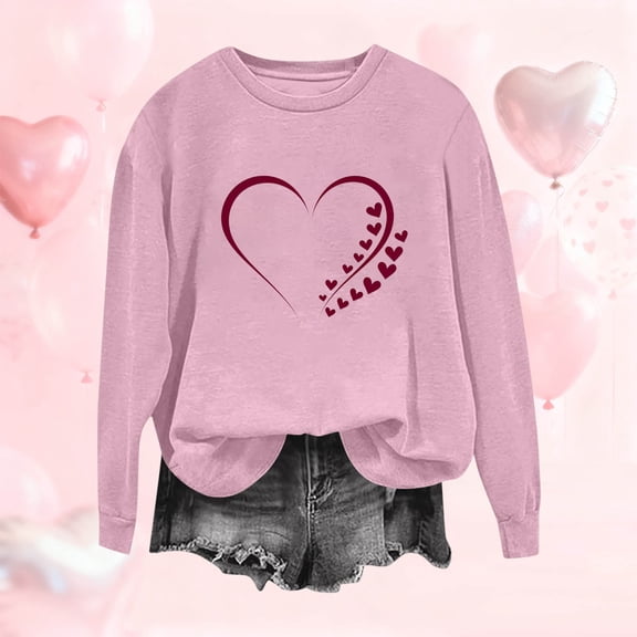VOONCAS Womens Shirts Spring Fall Ladies Tops Crew Neck Valentine's Day Graphic Casual Pink Long Sleeve Shirts for Women Size 2XL