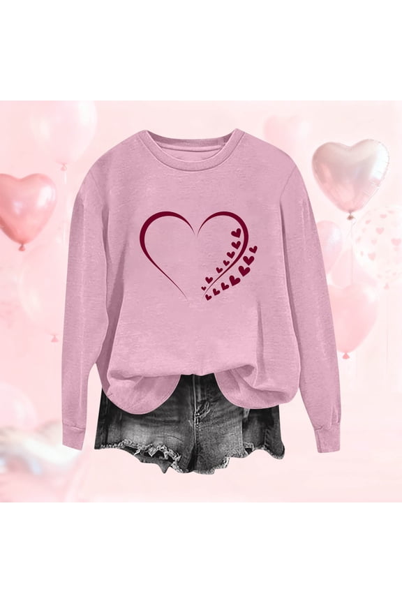 Womens Shirts Spring Fall Ladies Tops Crew Neck Valentine's Day Graphic Casual Pink Long Sleeve Shirts for Women Size 2XL
