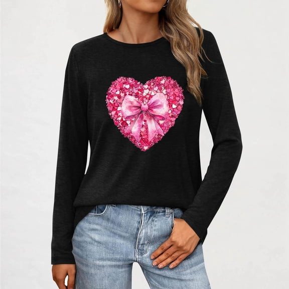 VOONCAS Womens Shirts Spring Fall Ladies Tops Valentine's Day Graphic Casual Crew Neck Black Long Sleeve Shirts for Women Size 3XL