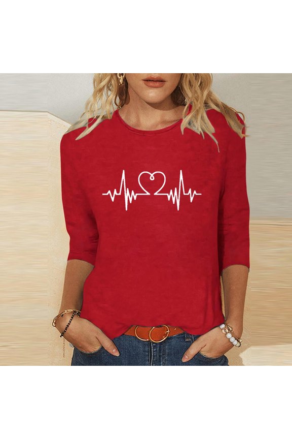 Womens Shirts Valentine's Day Casual Spring Fall Ladies Tops Graphic Crew Neck Red Long Sleeve Shirts for Women Size L