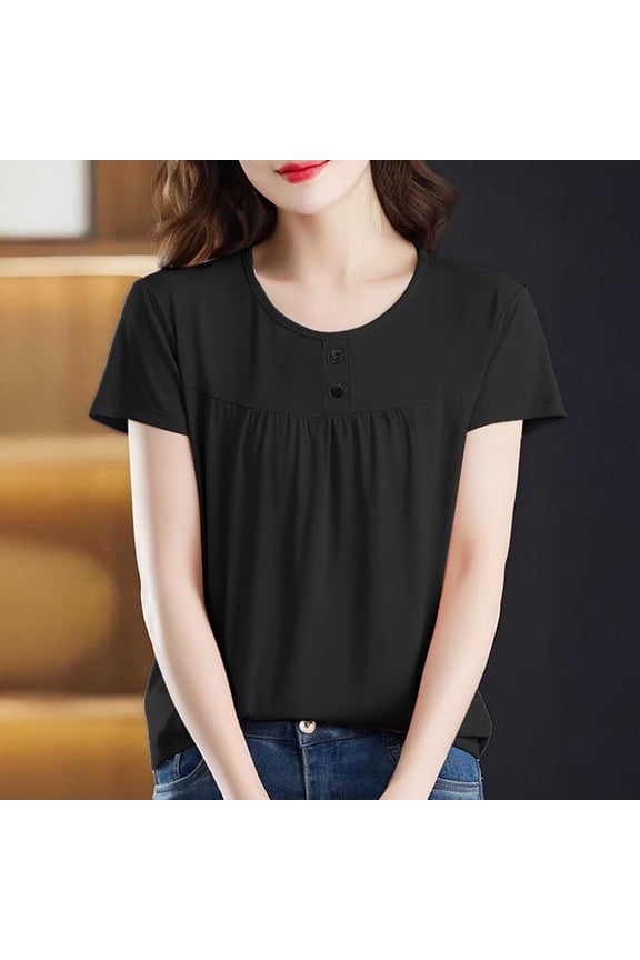 Womens Short Sleeve Top Flowy Casual Blouse Soft Nylon Spandex Crew Neck Relaxed Fit Gathered Front Tops for Women Sizes M-5X,Size 3XL