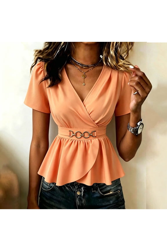 Womens V Neck Wrap Peplum Blouse with Puff Sleeves & Belted Waist, Stretchy Comfortable Business Casual Top Orange,Size 2XL