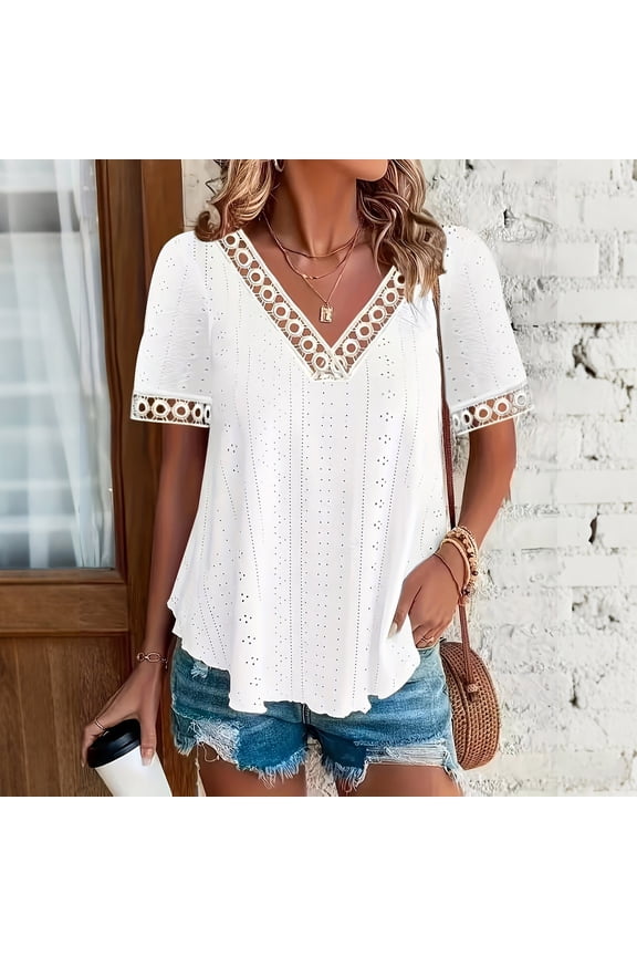 Womens White Eyelet Lace Trim Blouse V-Neck Short Sleeve Flowy Casual Summer Tunic Tops Soft Stretchy Lightweight Pullover,Size 2XL
