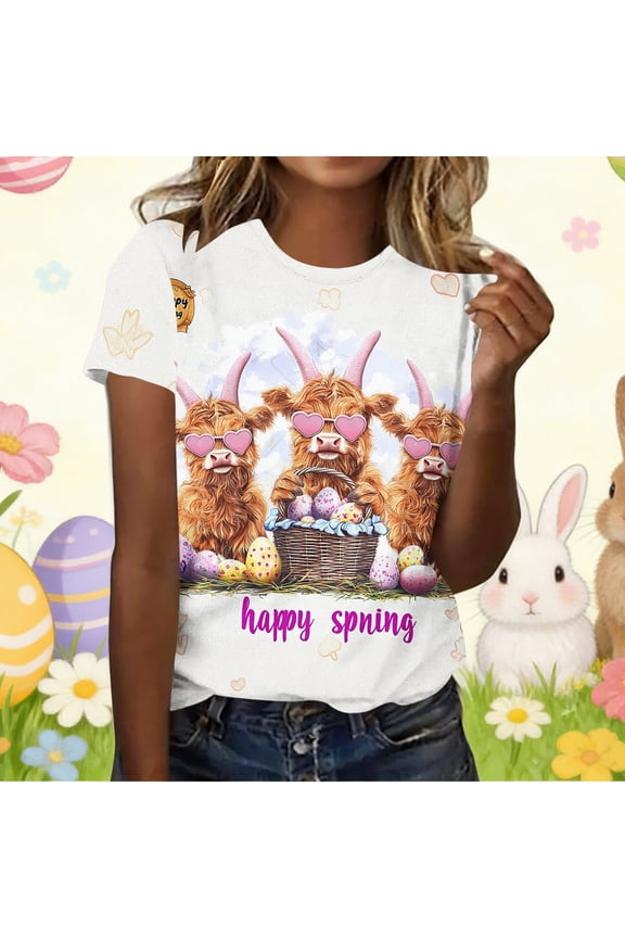 Womens Yellow Short Sleeve Spring T-Shirt, Cute Highland Cow Easter Graphic Tee, Happy Spring Top with Hearts, Sizes S-5XL,Size 5XL