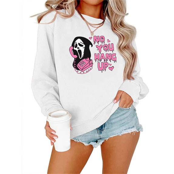 VOOPET No You Hang Up Scream Sweatshirt for Women Funny Ghost Face Graphic Shirt Halloween Party Casual Fall Pullover Tops