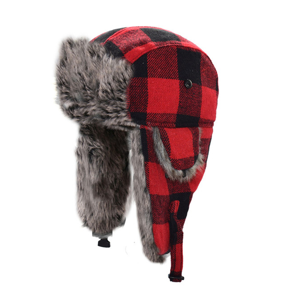 Flannel faux fur grey red plaid aviator winter hat small camping hunting Flannel faux fur grey red plaid aviator winter hat small  main image 2