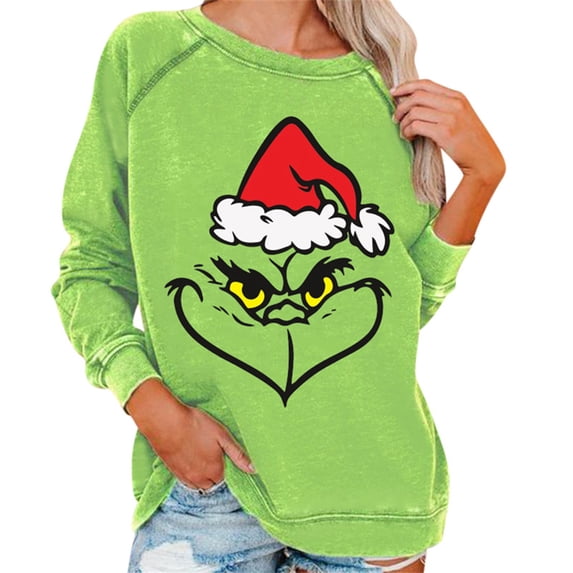 VOOPET Women Gr-inch Stole Christmas Funny Pullover Gr-inch Face Long Sleeve Loose Sweatshirt Raglan Tops Christmas Sweatshirt