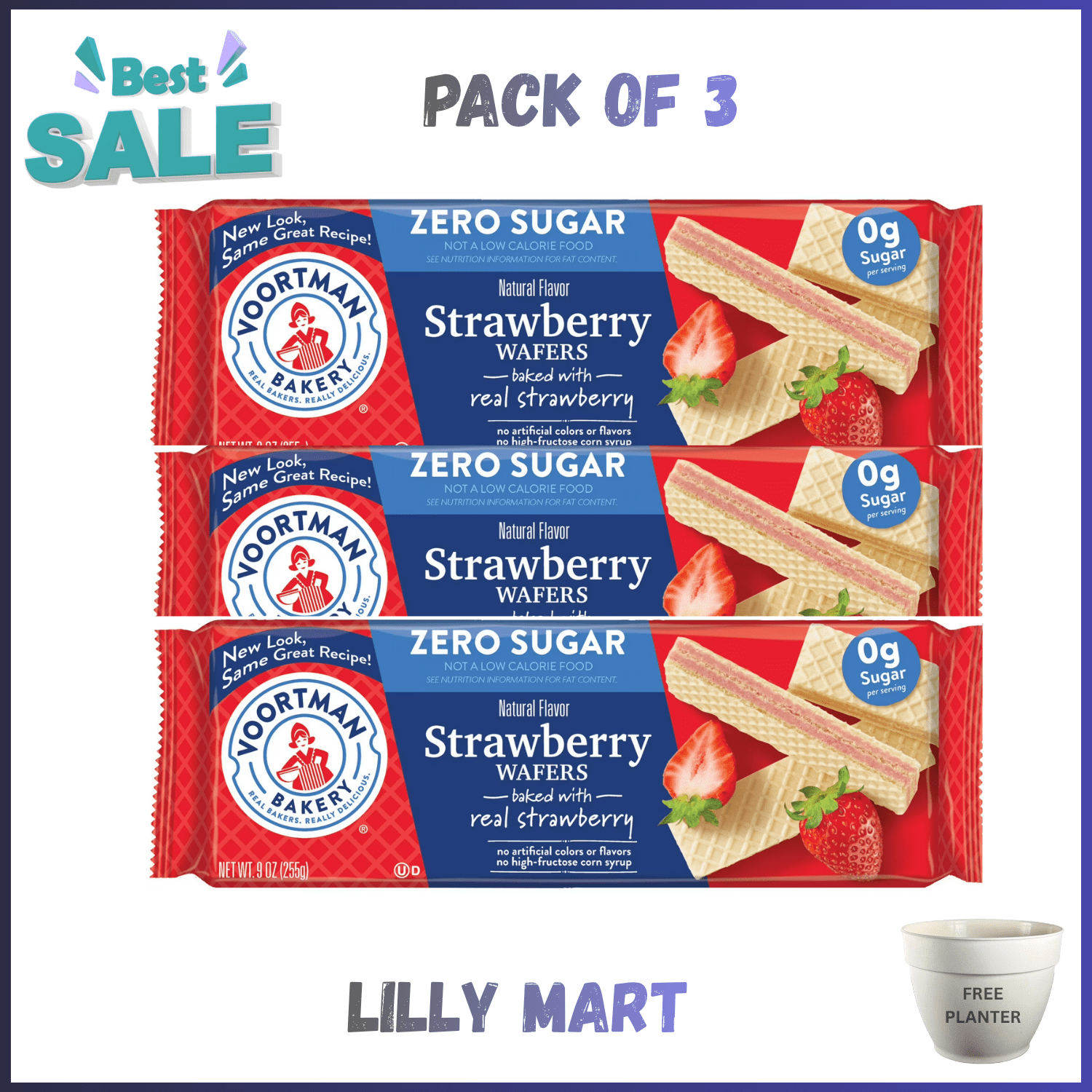 VOORTMAN Bakery Zero Sugar Strawberry Wafer Cookies 9 oz PACK OF 3