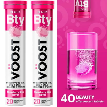 Voost, Beauty, Biotin supporting Hair, Skin, and Nails with Collagen and Vitamin E, Effervescent Vitamin Tablets, Strawberry Kiwi Drink Tablets, 40 ct