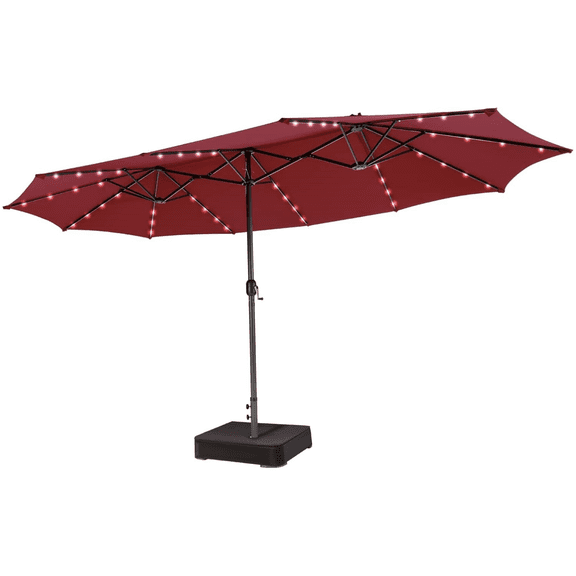 VOOYA HOME 15ft Large Patio Umbrella with 3 Solar panels, 48 Solar LED Lights Base Included, Outdoor Double-Sided Rectangle Market Umbrella with Crank Handle, Perfect for Pool, Lawn, and Garden Red