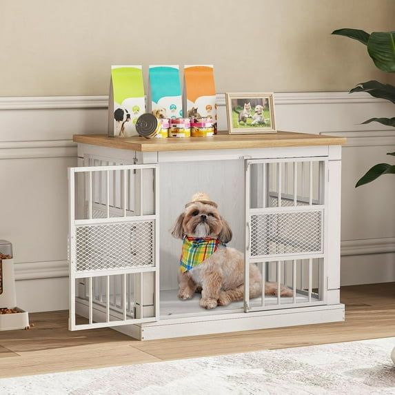 VOPEAK 27.5" Dog Crate Furniture, Chew Resistant Dog Crate for Small Dogs Puppy, Heavy Duty Dog Crates Dog Kennel Cage Indoor with Double Doors, Wooden End Table for Bedroom Living Room, White
