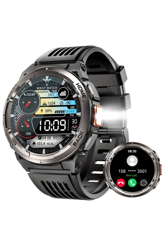 3ATM Waterproof Smart Watch for Men with LED Flashlight 1.45'' HD Rugged Smartwatch with 530mAh Big Battery Compass Altitude Barometer SOS Alarm Activity Tracker for iOS Android