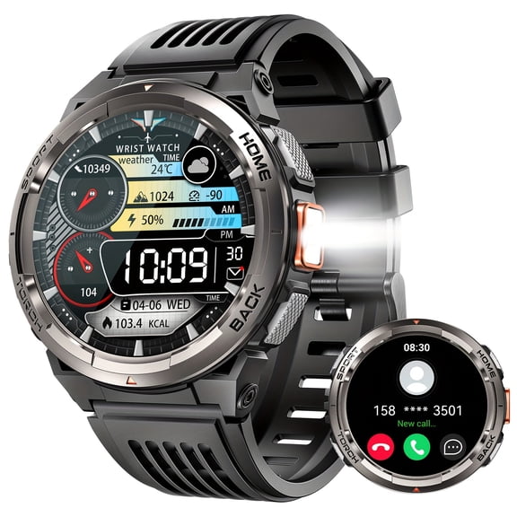 VOPOCO 3ATM Waterproof Smart Watch for Men with LED Flashlight 1.45'' HD Rugged Smartwatch with 530mAh Big Battery Compass Altitude Barometer SOS Alarm Activity Tracker for iOS Android