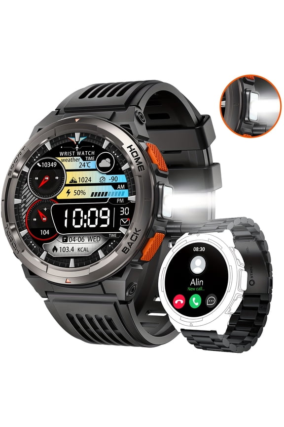 3ATM Waterproof Smart Watch for Men with LED Flashlight 1.45'' HD Rugged Smartwatch with 530mAh Big Battery Compass Altitude Barometer SOS Alarm Activity Tracker for iOS Android