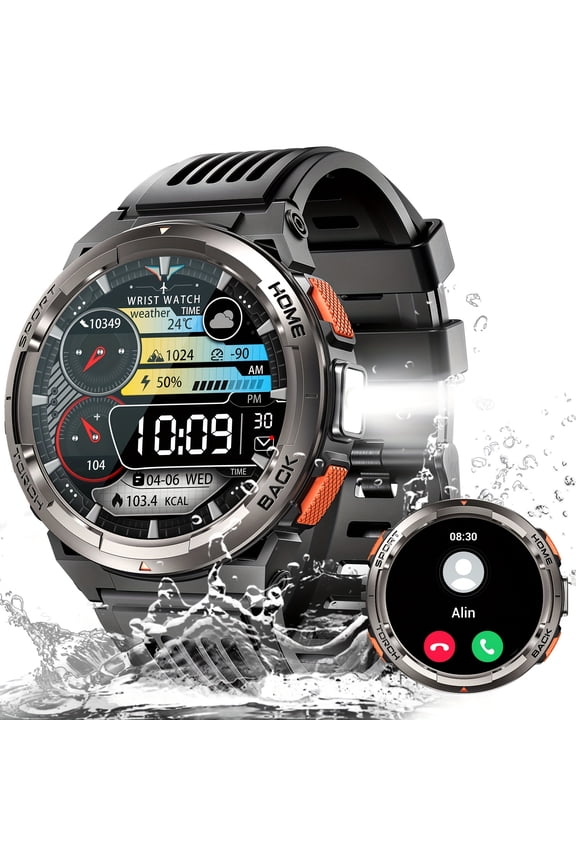 3ATM Waterproof Smart Watch for Men with LED Flashlight 1.45'' HD Rugged Smartwatch with 530mAh Big Battery Compass Altitude Barometer SOS Alarm Activity Tracker for iOS Android