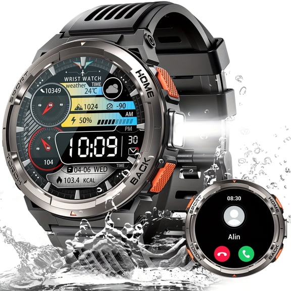 VOPOCO 3ATM Waterproof Smart Watch for Men with LED Flashlight 1.45'' HD Rugged Smartwatch with 530mAh Big Battery Compass Altitude Barometer SOS Alarm Activity Tracker for iOS Android
