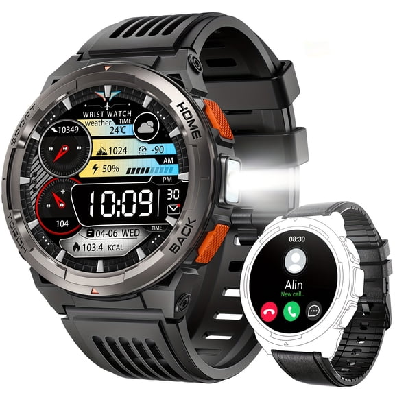 VOPOCO 3ATM Waterproof Smart Watch for Men with LED Flashlight 1.45'' HD Rugged Smartwatch with 530mAh Big Battery Compass Altitude Barometer SOS Alarm Activity Tracker for iOS Android