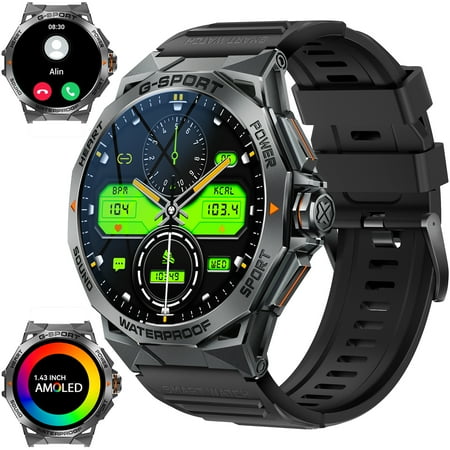 VOPOCO AMOLED Smartwatches for Men (Answer/Dial Calls), 1.43" Rugged Watch with 100+ Sports Modes Activities Tracker, for iPhone Android Phones